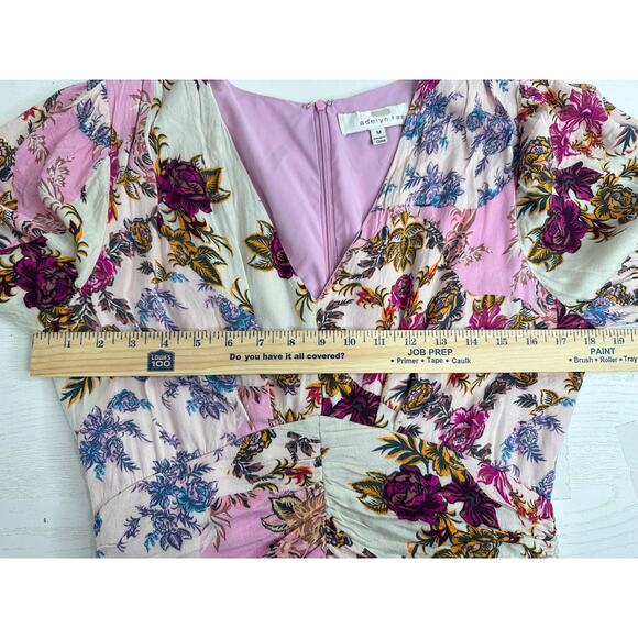 Adelyn Rae Abbie Satin Mini Dress White Pink Floral Ruffled Ruched Feminine M - Picture 9 of 9